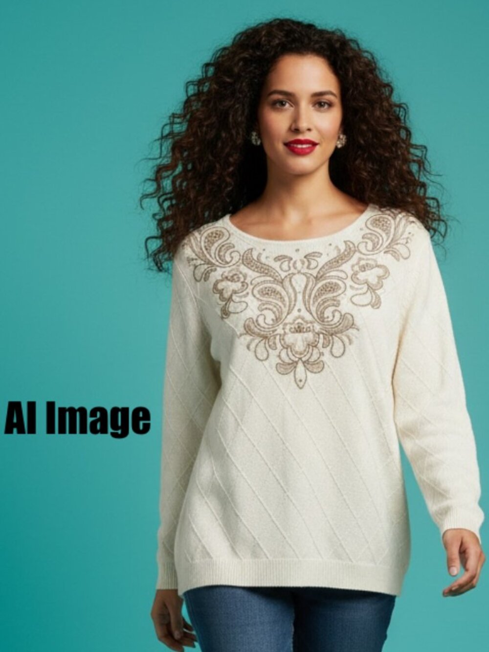 Alfred Dunner Embroidered Rhinestone Off White Knit Top Size M